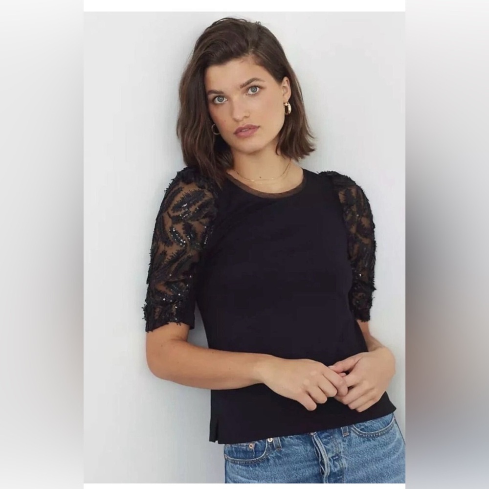 Anthropologie black sequins puff sleeve blouse size small NWT